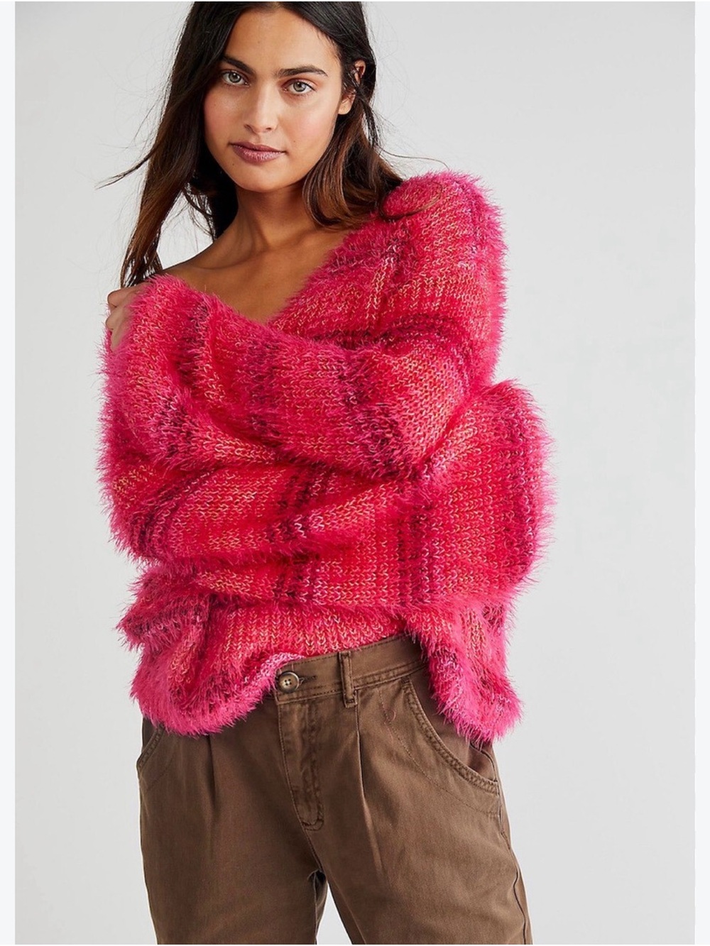 Free People fuzzy Vneck oversized pink sweater